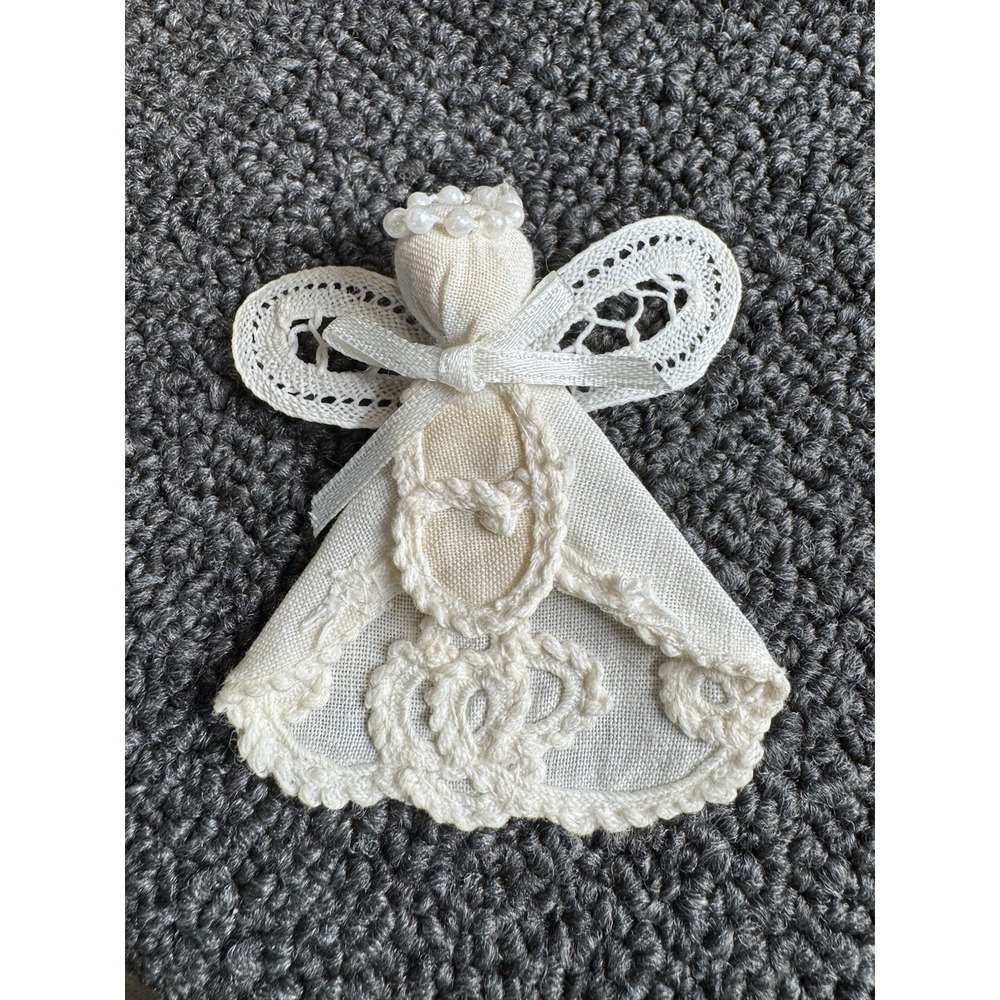 VINTAGE EMBROIDERED LACE ANGEL PIN. HEARTS AND OTHER DETAILS